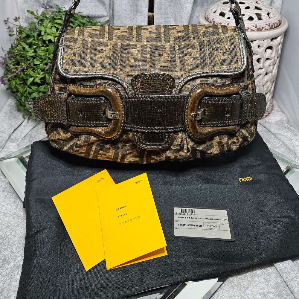 FENDI Tobacco Zucca Monogram Canvas B Bis Bag